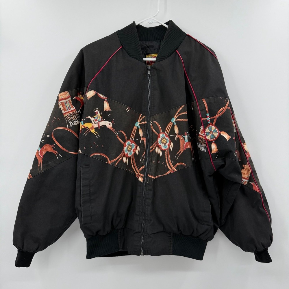 Vintage Bee Wild Bomber Jacket:‎ Native American Pattern, Size L horses Indian